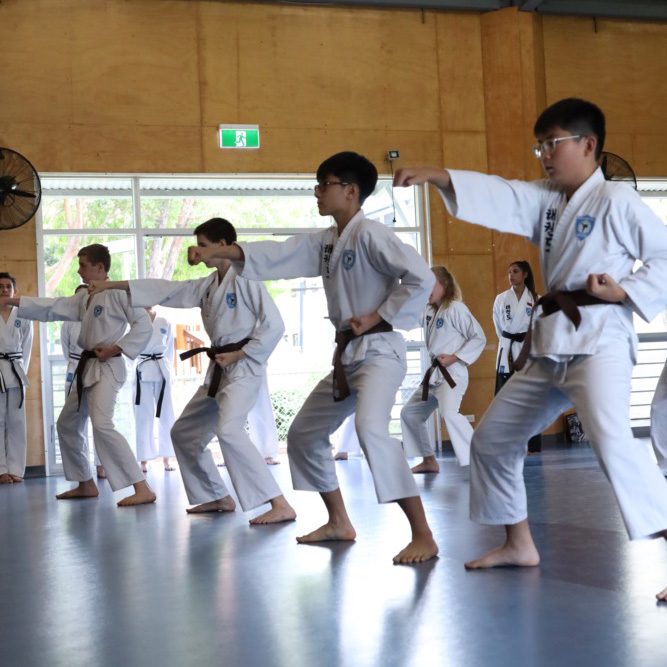 boys practice taekwondo stances